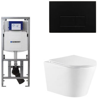 Geberit QeramiQ Dely Toiletset - 36.3x51.7cm - diepspoel - rimless - Geberit UP320 inbouwreservoir - met Burda frame - softclose toiletzitting - mat zwarte bedieningsplaat - rechtehoekige knoppen - wit glans SW1026255/0701131/SW706193/SW1159504