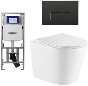 Geberit QeramiQ Dely Toiletset - 36.3x51.7cm - diepspoel - rimless - Geberit UP320 inbouwreservoir - met Burda frame - softclose toiletzitting - mat zwarte bedieningsplaat - rechtehoekige knoppen - wit mat SW1000766/0701131/SW706189/SW1026254