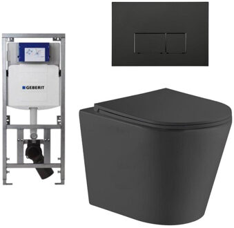 Geberit QeramiQ Dely Toiletset - 36.3x51.7cm - diepspoel - rimless - Geberit UP320 inbouwreservoir - met Burda frame - softclose toiletzitting - mat zwarte bedieningsplaat - rechtehoekige knoppen - zwart mat SW1026253/0701131/SW706189/SW1000768