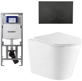 Geberit QeramiQ Dely Toiletset - 36.3x51.7cm - diepspoel - rimless - Geberit UP320 inbouwreservoir - met Burda frame - softclose toiletzitting - mat zwarte bedieningsplaat - ronde knoppen - wit glans SW1026255/0701131/SW706188/SW1159504
