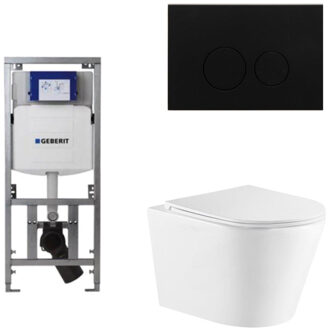 Geberit QeramiQ Dely Toiletset - 36.3x51.7cm - diepspoel - rimless - Geberit UP320 inbouwreservoir - met Burda frame - softclose toiletzitting - mat zwarte bedieningsplaat - ronde knoppen - wit glans SW1026255/0701131/SW706192/SW1159504