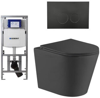 Geberit QeramiQ Dely Toiletset - 36.3x51.7cm - diepspoel - rimless - Geberit UP320 inbouwreservoir - met Burda frame - softclose toiletzitting - mat zwarte bedieningsplaat - ronde knoppen - zwart mat SW1026253/0701131/SW706192/SW1000768