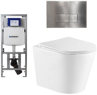 Geberit QeramiQ Dely Toiletset - 36.3x51.7cm - diepspoel - rimless - Geberit UP320 inbouwreservoir - met Burda frame - softclose toiletzitting - steel bedieningsplaat - rechtehoekige knoppen - wit glans SW1026255/0701131/SW706195/SW1159504