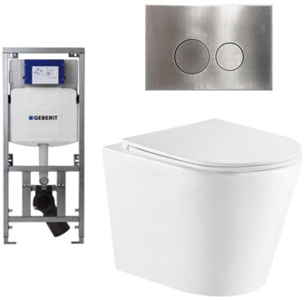 Geberit QeramiQ Dely Toiletset - 36.3x51.7cm - diepspoel - rimless - Geberit UP320 inbouwreservoir - met Burda frame - softclose toiletzitting - steel bedieningsplaat - ronde knoppen - wit glans SW1026255/0701131/SW706194/SW1159504