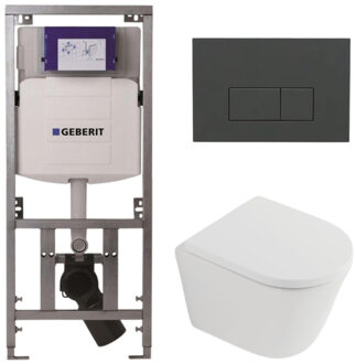 Geberit QeramiQ Dely Toiletset - 36.3x51.7cm - diepspoel - rimless - Geberit UP320 inbouwreservoir - softclose toilet zitting 35 mm - bedieningsplaat antraciet mat - rechthoekige knoppen - mat wit SW1026254/SW1000767/0701131/SW1102377 Wit mat