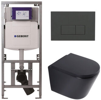 Geberit QeramiQ Dely Toiletset - 36.3x51.7cm - diepspoel - rimless - Geberit UP320 inbouwreservoir - softclose toilet zitting 35 mm - bedieningsplaat antraciet mat - rechthoekige knoppen - mat zwart SW1026253/SW1000769/0701131/SW1102377 Zwart mat