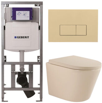 Geberit QeramiQ Dely Toiletset - 36.3x51.7cm - diepspoel - rimless - Geberit UP320 inbouwreservoir - softclose toilet zitting 35 mm - bedieningsplaat beige - rechthoekige knoppen - mat beige SW1000764/SW1000771/0701131/SW1102366 Beige mat