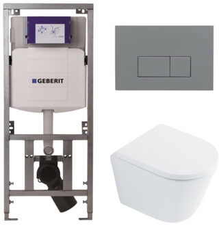 Geberit QeramiQ Dely Toiletset - 36.3x51.7cm - diepspoel - rimless - Geberit UP320 inbouwreservoir - softclose toilet zitting 35 mm - bedieningsplaat licht grijs - rechthoekige knoppen - wit glans SW1026255 / SW1159505/0701131/SW1102375