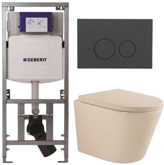 Geberit QeramiQ Dely Toiletset - 36.3x51.7cm - diepspoel - rimless - Geberit UP320 inbouwreservoir - softclose toilet zitting 35 mm - bedieningsplaat mat antraciet - ronde knoppen - mat beige SW1000764/SW1000771/0701131/SW1102376 Beige mat
