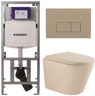 Geberit QeramiQ Dely Toiletset - 36.3x51.7cm - diepspoel - rimless - Geberit UP320 inbouwreservoir - softclose toilet zitting 35 mm - bedieningsplaat taupe - rechthoekige knoppen - mat beige SW1000764/SW1000771/0701131/SW1102379 Beige mat