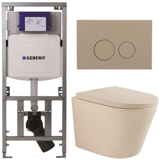 Geberit QeramiQ Dely Toiletset - 36.3x51.7cm - diepspoel - rimless - Geberit UP320 inbouwreservoir - softclose toilet zitting 35 mm - bedieningsplaat taupe - ronde knoppen - mat beige SW1000764/SW1000771/0701131/SW1102378 Beige mat