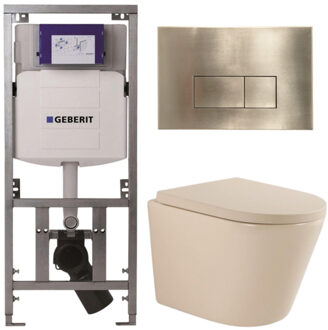 Geberit QeramiQ Dely Toiletset - 36.3x51.7cm - diepspoel - rimless - Geberit UP320 inbouwreservoir - softclose toilet zitting 35 mm - geborsteld messing bedieningsplaat - rechthoekige knoppen - mat beige SW1000764/SW1000771/0701131/SW706201 Beige mat