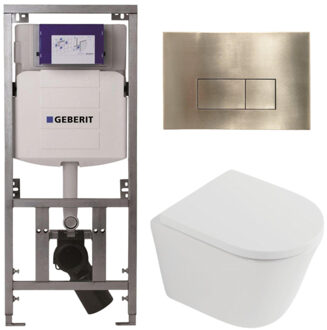 Geberit QeramiQ Dely Toiletset - 36.3x51.7cm - diepspoel - rimless - Geberit UP320 inbouwreservoir - softclose toilet zitting 35 mm - geborsteld messing bedieningsplaat - rechthoekige knoppen - mat wit SW1026254/SW1000767/0701131/SW706201 Wit mat