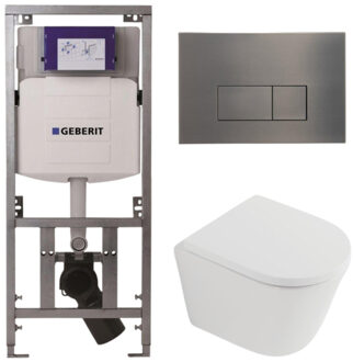 Geberit QeramiQ Dely Toiletset - 36.3x51.7cm - diepspoel - rimless - Geberit UP320 inbouwreservoir - softclose toilet zitting 35 mm - gunmetal bedieningsplaat - rechthoekige knoppen - mat wit SW1026254/SW1000767/0701131/SW706199 Wit mat