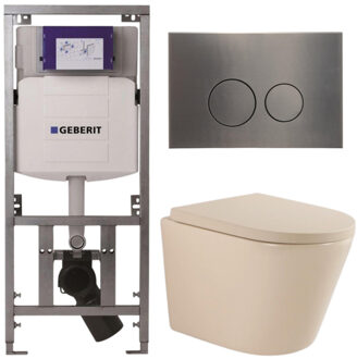 Geberit QeramiQ Dely Toiletset - 36.3x51.7cm - diepspoel - rimless - Geberit UP320 inbouwreservoir - softclose toilet zitting 35 mm - gunmetal bedieningsplaat - ronde knoppen - mat beige SW1000764/SW1000771/0701131/SW706198 Beige mat