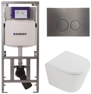 Geberit QeramiQ Dely Toiletset - 36.3x51.7cm - diepspoel - rimless - Geberit UP320 inbouwreservoir - softclose toilet zitting 35 mm - gunmetal bedieningsplaat - ronde knoppen - mat wit SW1026254/SW1000767/0701131/SW706198 Wit mat