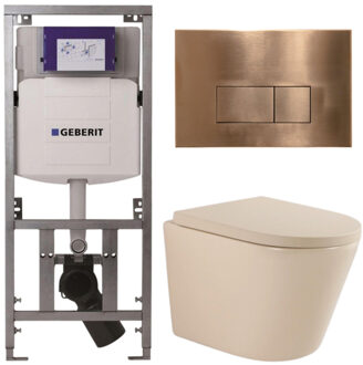 Geberit QeramiQ Dely Toiletset - 36.3x51.7cm - diepspoel - rimless - Geberit UP320 inbouwreservoir - softclose toilet zitting 35 mm - koperen bedieningsplaat - rechthoekige knoppen - mat beige SW1000764/SW1000771/0701131/SW706197 Beige mat
