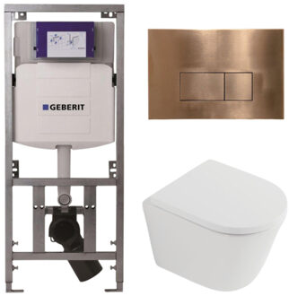 Geberit QeramiQ Dely Toiletset - 36.3x51.7cm - diepspoel - rimless - Geberit UP320 inbouwreservoir - softclose toilet zitting 35 mm - koperen bedieningsplaat - rechthoekige knoppen - mat wit SW1026254/SW1000767/0701131/SW706197 Wit mat