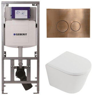 Geberit QeramiQ Dely Toiletset - 36.3x51.7cm - diepspoel - rimless - Geberit UP320 inbouwreservoir - softclose toilet zitting 35 mm - koperen bedieningsplaat - ronde knoppen - mat wit SW1026254/SW1000767/0701131/SW706196 Wit mat