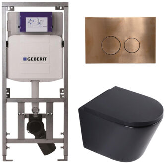 Geberit QeramiQ Dely Toiletset - 36.3x51.7cm - diepspoel - rimless - Geberit UP320 inbouwreservoir - softclose toilet zitting 35 mm - koperen bedieningsplaat - ronde knoppen - mat zwart SW1026253/SW1000769/0701131/SW706196 Zwart mat