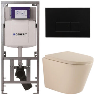 Geberit QeramiQ Dely Toiletset - 36.3x51.7cm - diepspoel - rimless - Geberit UP320 inbouwreservoir - softclose toilet zitting 35 mm - kunstof mat zwarte bedieningsplaat - rechthoekige knoppen - mat beige SW1000764/SW1000771/0701131/SW706189 Beige mat