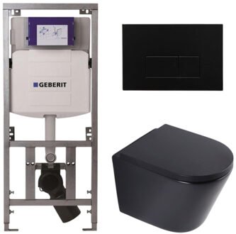 Geberit QeramiQ Dely Toiletset - 36.3x51.7cm - diepspoel - rimless - Geberit UP320 inbouwreservoir - softclose toilet zitting 35 mm - kunstof mat zwarte bedieningsplaat - rechthoekige knoppen - mat zwart SW1026253/SW1000769/0701131/SW706189 Zwart mat