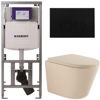 Geberit QeramiQ Dely Toiletset - 36.3x51.7cm - diepspoel - rimless - Geberit UP320 inbouwreservoir - softclose toilet zitting 35 mm - kunststof mat zwarte bedieningsplaat - ronde knoppen - mat beige SW1000764/SW1000771/0701131/SW706188 Beige mat