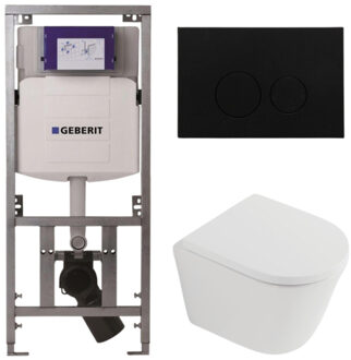 Geberit QeramiQ Dely Toiletset - 36.3x51.7cm - diepspoel - rimless - Geberit UP320 inbouwreservoir - softclose toilet zitting 35 mm - kunststof mat zwarte bedieningsplaat - ronde knoppen - mat wit SW1026254/SW1000767/0701131/SW706188 Wit mat