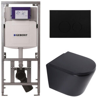 Geberit QeramiQ Dely Toiletset - 36.3x51.7cm - diepspoel - rimless - Geberit UP320 inbouwreservoir - softclose toilet zitting 35 mm - kunststof mat zwarte bedieningsplaat - ronde knoppen - mat zwart SW1026253/SW1000769/0701131/SW706188 Zwart mat