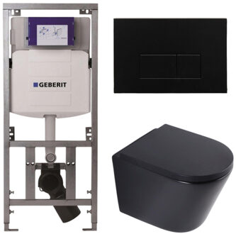 Geberit QeramiQ Dely Toiletset - 36.3x51.7cm - diepspoel - rimless - Geberit UP320 inbouwreservoir - softclose toilet zitting 35 mm - metaal mat zwarte bedieningsplaat - rechthoekige knoppen - mat zwart SW1026253/SW1000769/0701131/SW706193 Zwart mat