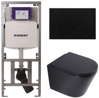 Geberit QeramiQ Dely Toiletset - 36.3x51.7cm - diepspoel - rimless - Geberit UP320 inbouwreservoir - softclose toilet zitting 35 mm - metaal mat zwarte bedieningsplaat - ronde knoppen - mat zwart SW1026253/SW1000769/0701131/SW706192 Zwart mat