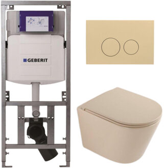 Geberit QeramiQ Dely Toiletset - 36.3x51.7cm - diepspoel - rimless - Geberit UP320 inbouwreservoir - softclose toilet zitting - bedieningsplaat beige - ronde knoppen - mat beige SW1000764/SW1000770/0701131/SW1102365 Beige mat