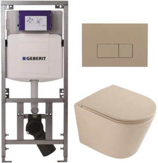 Geberit QeramiQ Dely Toiletset - 36.3x51.7cm - diepspoel - rimless - Geberit UP320 inbouwreservoir - softclose toilet zitting - bedieningsplaat taupe - rechthoekige knoppen - mat beige SW1000764/SW1000770/0701131/SW1102379 Beige mat