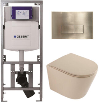 Geberit QeramiQ Dely Toiletset - 36.3x51.7cm - diepspoel - rimless - Geberit UP320 inbouwreservoir - softclose toilet zitting - geborsteld messing bedieningsplaat - rechthoekige knoppen - mat beige SW1000764/SW1000770/0701131/SW706201 Beige mat