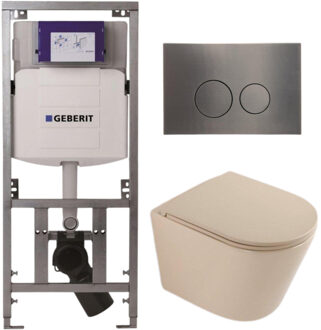 Geberit QeramiQ Dely Toiletset - 36.3x51.7cm - diepspoel - rimless - Geberit UP320 inbouwreservoir - softclose toilet zitting - gunmetal bedieningsplaat - ronde knoppen - mat beige SW1000764/SW1000770/0701131/SW706198 Beige mat