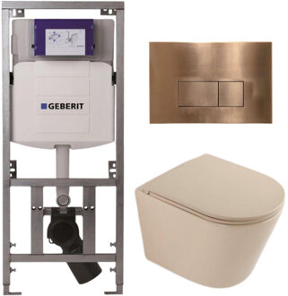 Geberit QeramiQ Dely Toiletset - 36.3x51.7cm - diepspoel - rimless - Geberit UP320 inbouwreservoir - softclose toilet zitting - koperen bedieningsplaat - rechthoekige knoppen - mat beige SW1000764/SW1000770/0701131/SW706197 Beige mat