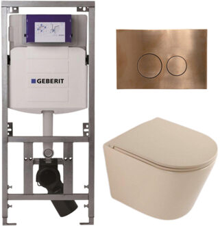 Geberit QeramiQ Dely Toiletset - 36.3x51.7cm - diepspoel - rimless - Geberit UP320 inbouwreservoir - softclose toilet zitting - koperen bedieningsplaat - ronde knoppen - mat beige SW1000764/SW1000770/0701131/SW706196 Beige mat