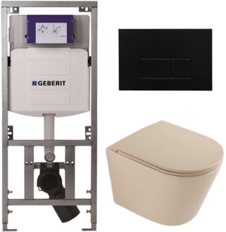 Geberit QeramiQ Dely Toiletset - 36.3x51.7cm - diepspoel - rimless - Geberit UP320 inbouwreservoir - softclose toilet zitting - kunstof mat zwarte bedieningsplaat - rechthoekige knoppen - mat beige SW1000764/SW1000770/0701131/SW706189 Beige mat
