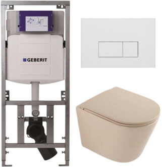 Geberit QeramiQ Dely Toiletset - 36.3x51.7cm - diepspoel - rimless - Geberit UP320 inbouwreservoir - softclose toilet zitting - mat witte bedieningsplaat - rechthoekige knoppen - mat beige SW1000764/SW1000770/0701131/SW706191 Beige mat