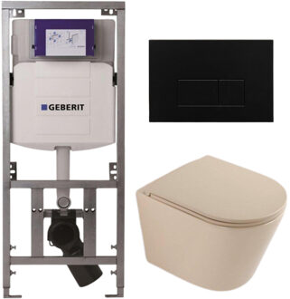 Geberit QeramiQ Dely Toiletset - 36.3x51.7cm - diepspoel - rimless - Geberit UP320 inbouwreservoir - softclose toilet zitting - metaal mat zwart bedieningsplaat - rechthoekige knoppen - mat beige SW1000764/SW1000770/0701131/SW706193 Beige mat