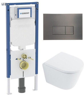 Geberit QeramiQ Dely Toiletset - 36.3x51.7cm - diepspoel - rimless - Geberit UP720 inbouwreservoir - softclose toilet zitting 35 mm - gunmetal bedieningsplaat - rechthoekige knoppen - wit glans SW1026255 / SW1159505/SW1237202/SW706199