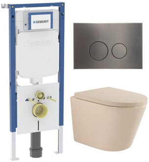 Geberit QeramiQ Dely Toiletset - 36.3x51.7cm - diepspoel - rimless - Geberit UP720 inbouwreservoir - softclose toilet zitting 35 mm - gunmetal bedieningsplaat - ronde knoppen - mat beige SW1000764/SW1000771/SW1237202/SW706198 Beige mat