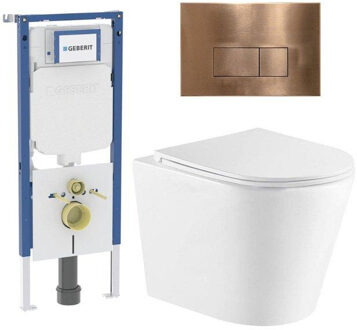 Geberit QeramiQ Dely Toiletset - 36.3x51.7cm - diepspoel - rimless - Geberit UP720 inbouwreservoir - softclose toiletzitting - koperen bedieningsplaat - rechtehoekige knoppen - wit glans SW1159504/SW1237202/SW1026255/SW706197