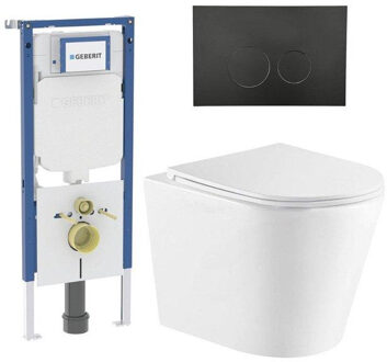 Geberit QeramiQ Dely Toiletset - 36.3x51.7cm - diepspoel - rimless - Geberit UP720 inbouwreservoir - softclose toiletzitting - mat zwarte bedieningsplaat - ronde knoppen - wit glans SW1159504/SW1237202/SW706188/SW1026255