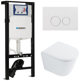 Geberit QeramiQ Dely Toiletset - 36.3x51.7cm - diepspoel - rimless - Inbouwreservoir met Geberit UP320 spoelmechanisme - softclose toilet zitting 35 mm - glans witte bedieningsplaat - ronde knoppen - mat wit SW1026254/SW1000767/SW1381697/SW706186 Wit mat