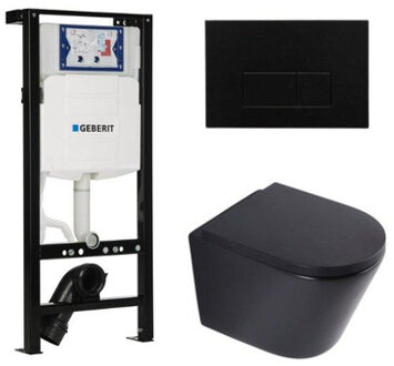 Geberit QeramiQ Dely Toiletset - 36.3x51.7cm - diepspoel - rimless - Inbouwreservoir met Geberit UP320 spoelmechanisme - softclose toilet zitting 35 mm - kunstof mat zwarte bedieningsplaat - rechthoekige knoppen - mat zwart SW1026253/SW1000769/SW1381697/SW706189 