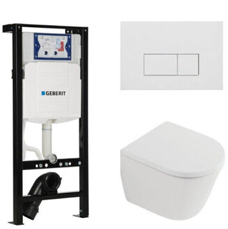 Geberit QeramiQ Dely Toiletset - 36.3x51.7cm - diepspoel - rimless - Inbouwreservoir met Geberit UP320 spoelmechanisme - softclose toilet zitting 35 mm - mat witte bedieningsplaat - rechthoekige knoppen - mat wit SW1026255/SW1159505/SW1381697/SW706191 Wit mat