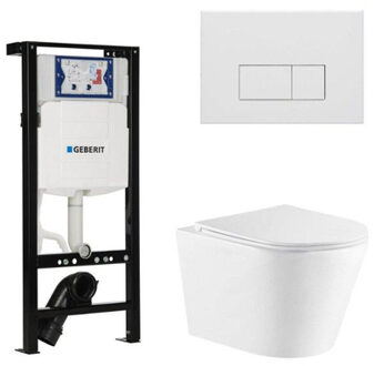 Geberit QeramiQ Dely Toiletset - 36.3x51.7cm - diepspoel - rimless - Inbouwreservoir met Geberit UP320 spoelmechanisme - softclose toiletzitting - mat witte bedieningsplaat - rechtehoekige knoppen - wit glans SW1026255/SW1381697/SW706191/SW1159504