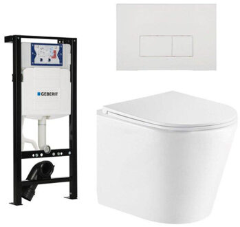 Geberit QeramiQ Dely Toiletset - 36.3x51.7cm - diepspoel - rimless - Inbouwreservoir met Geberit UP320 spoelmechanisme - softclose toiletzitting - mat witte bedieningsplaat - rechtehoekige knoppen - wit mat SW1026254/SW1381697/SW706191/SW1000766
