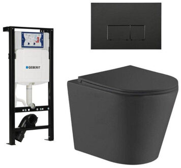 Geberit QeramiQ Dely Toiletset - 36.3x51.7cm - diepspoel - rimless - Inbouwreservoir met Geberit UP320 spoelmechanisme - softclose toiletzitting - mat zwarte bedieningsplaat - rechtehoekige knoppen - zwart mat SW1026253/SW1381697/SW706193/SW1000768